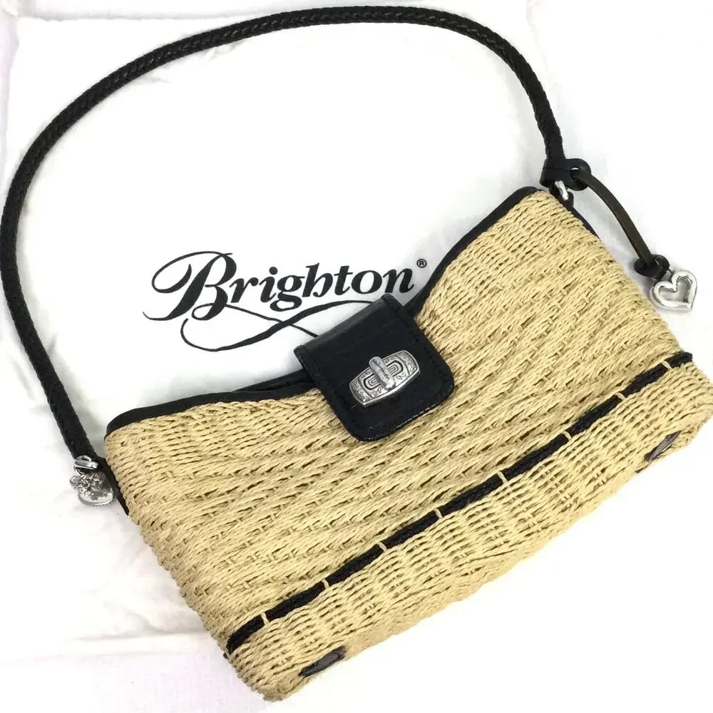 Brighton Cottagecore Cream Woven Straw Black Leather Braided Handle Baguette